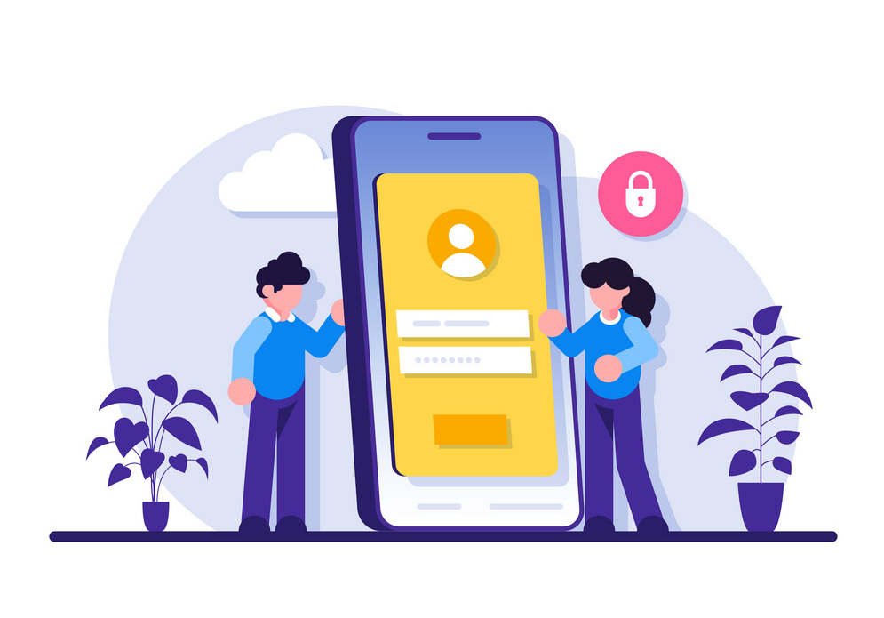 Sign in page interface concept. User login form, UI, new account registration. Protection information. Modern flat illustration.